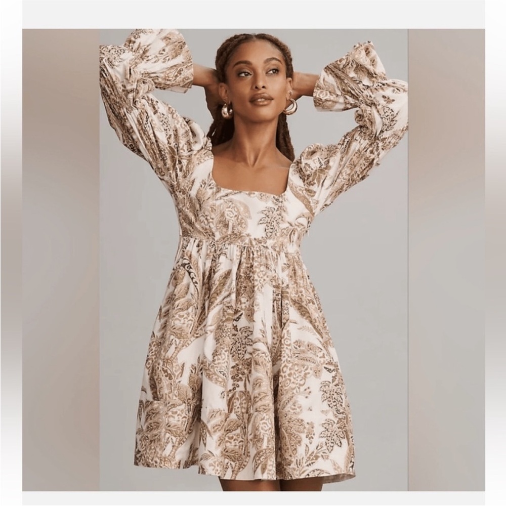 Anthropologie Cream Brown Floral Long Sleeve Midi Dress Size S